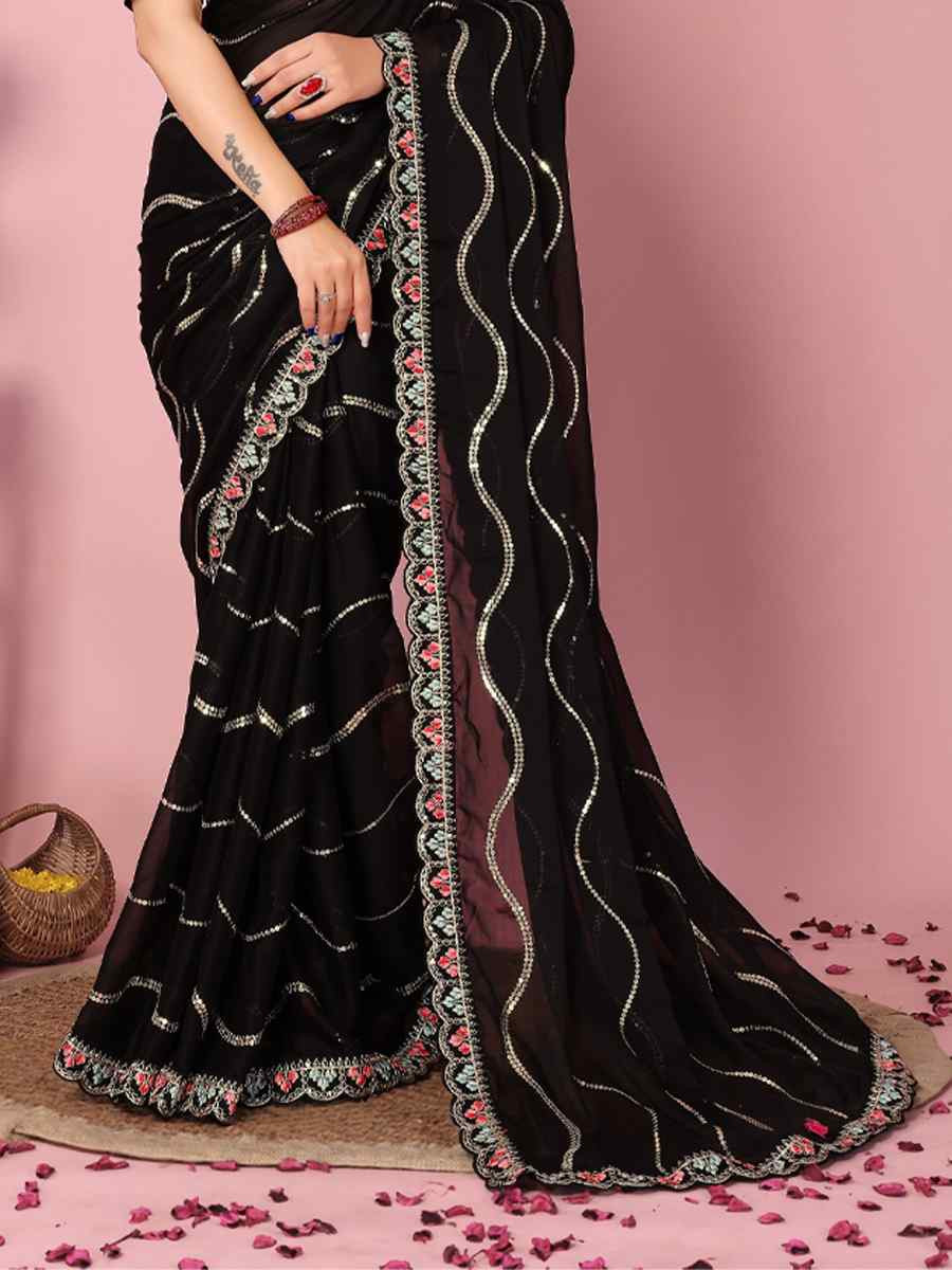 Black Rangoli Silk Embroidered Festival Party Classic Style Saree