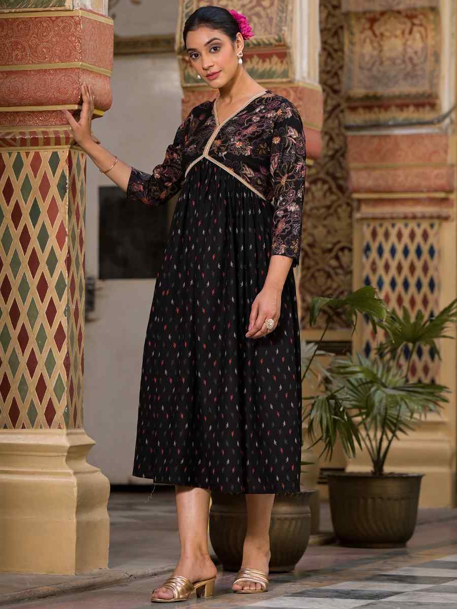 Black Rayon Embroidered Festival Casual Gown