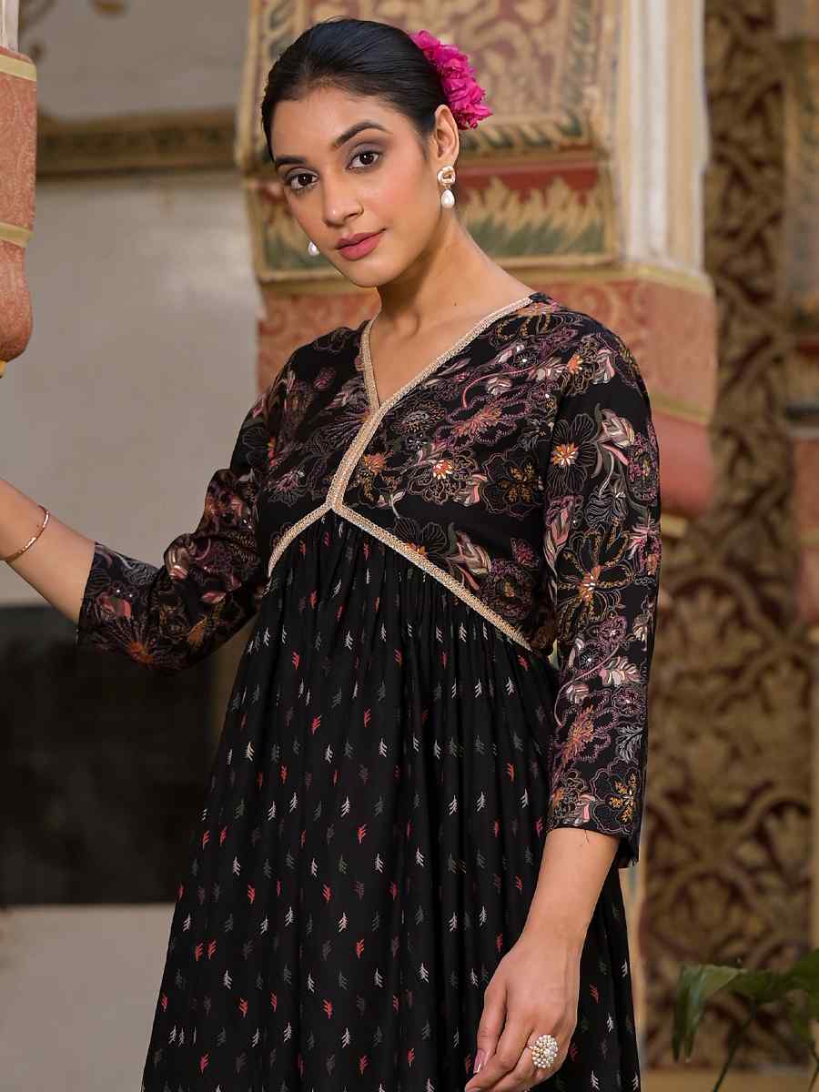 Black Rayon Embroidered Festival Casual Gown