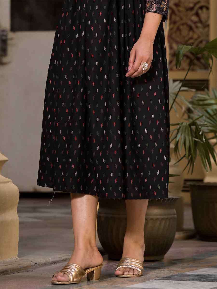 Black Rayon Embroidered Festival Casual Gown