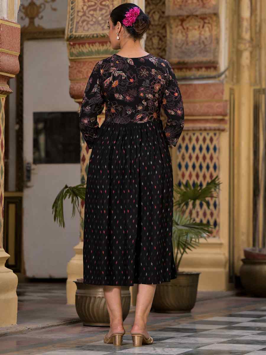 Black Rayon Embroidered Festival Casual Gown