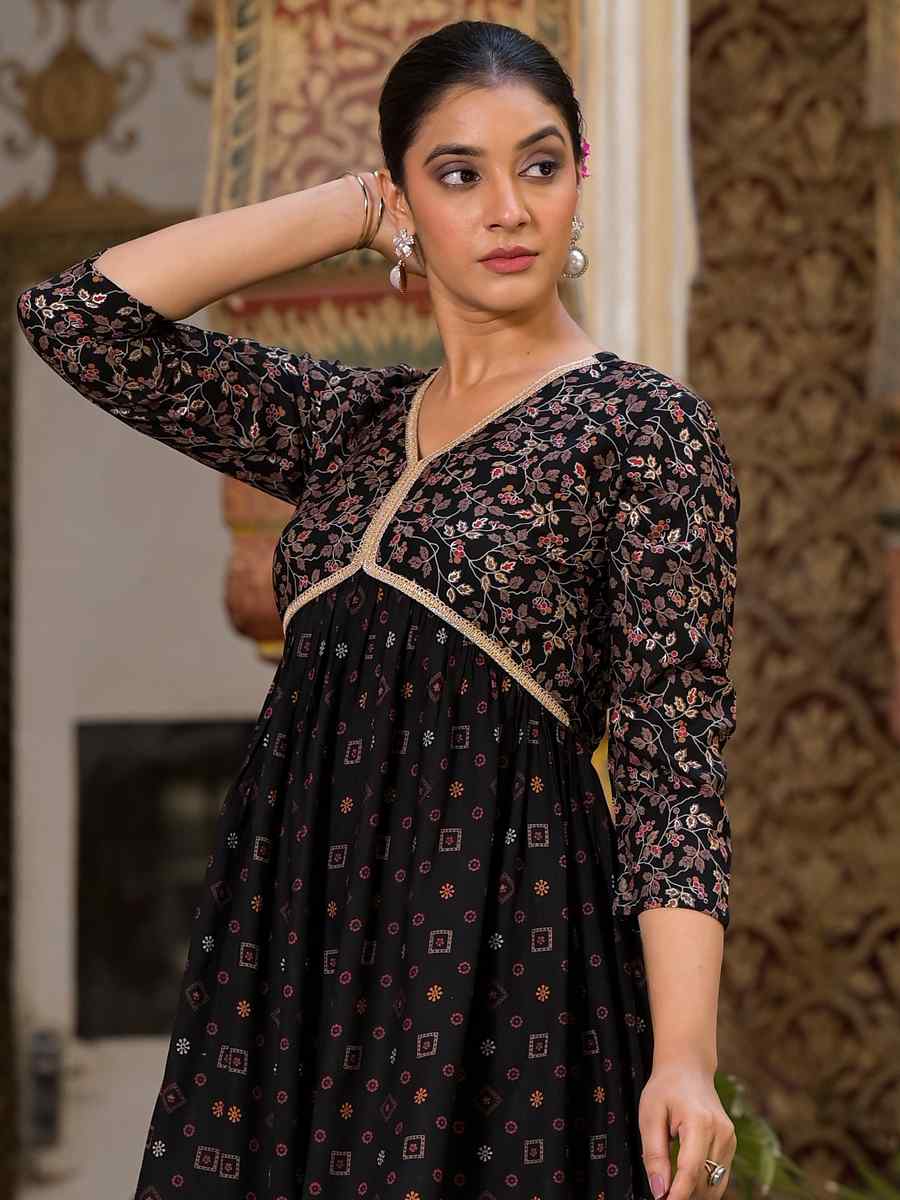 Black Rayon Embroidered Festival Casual Gown