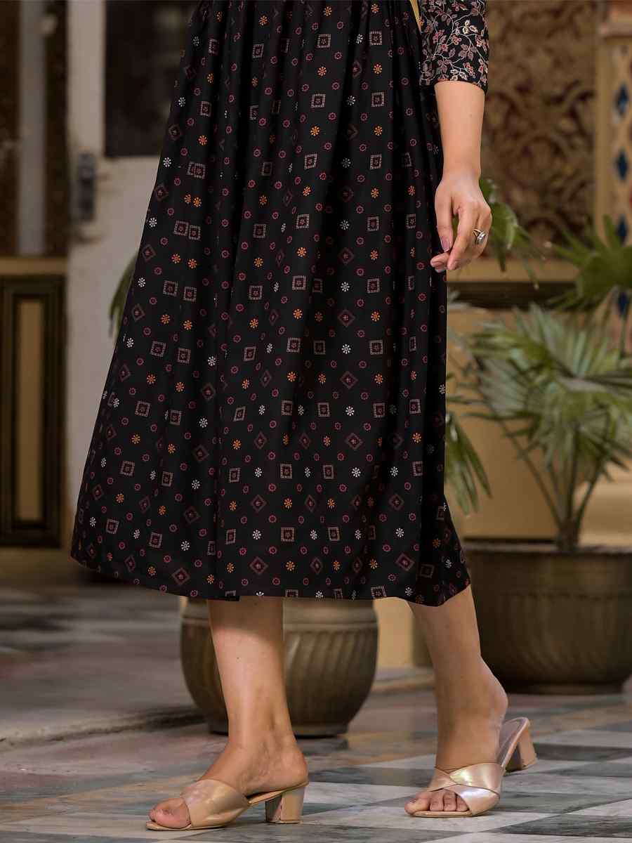 Black Rayon Embroidered Festival Casual Gown