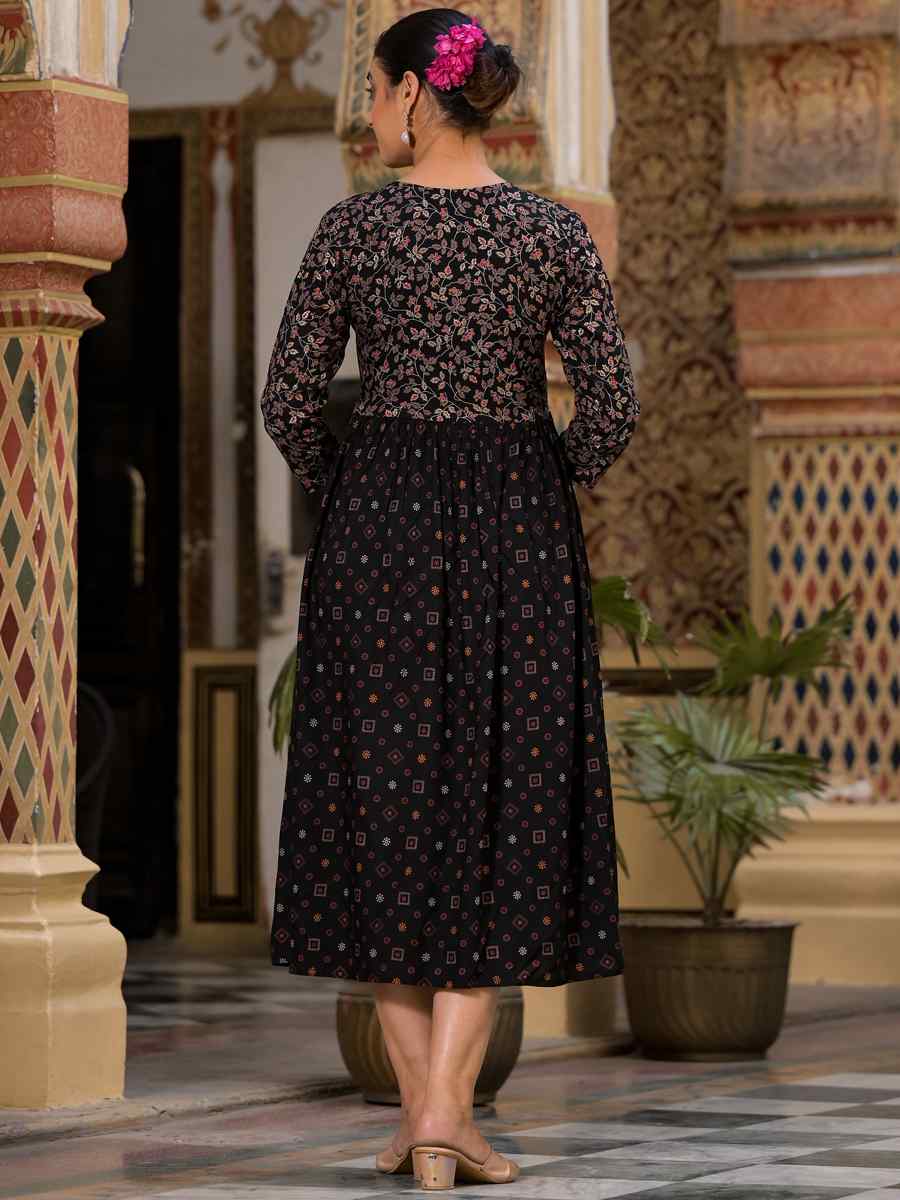 Black Rayon Embroidered Festival Casual Gown