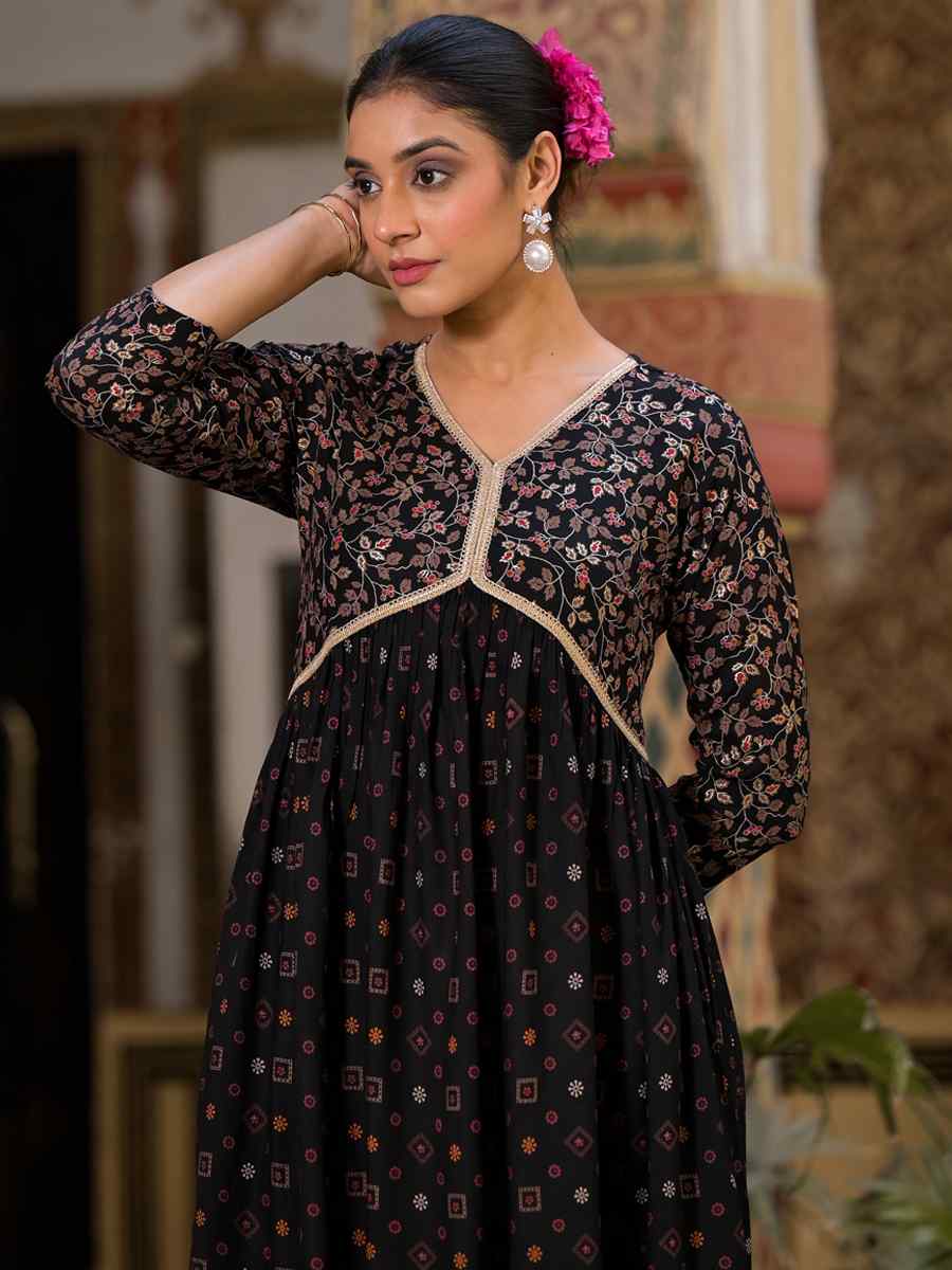 Black Rayon Embroidered Festival Casual Gown