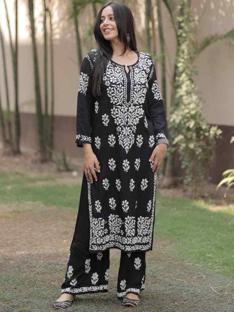 Black Rayon Embroidered Festival Casual Ready Pant Salwar Kameez