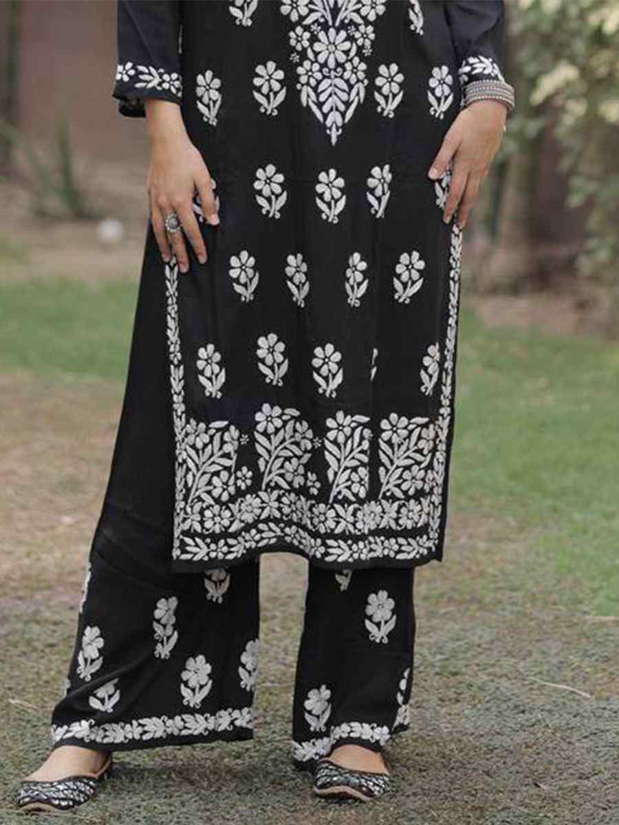 Black Rayon Embroidered Festival Casual Ready Pant Salwar Kameez