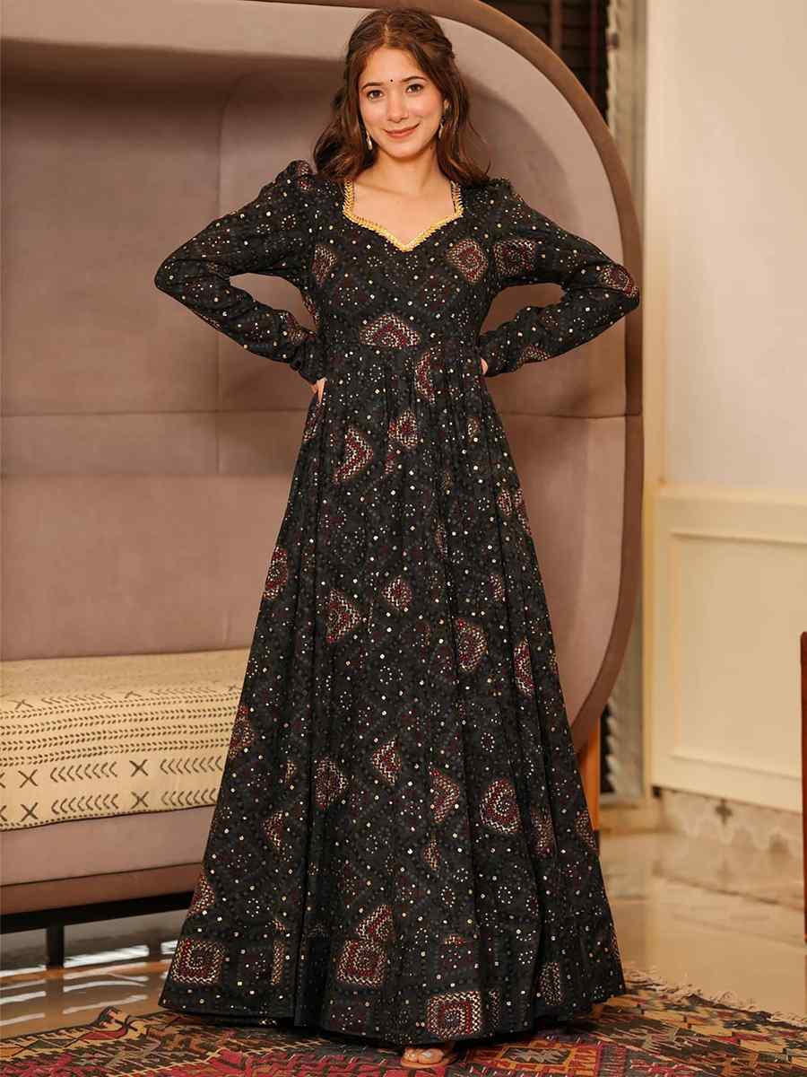 Black Rayon Printed Festival Mehendi Gown