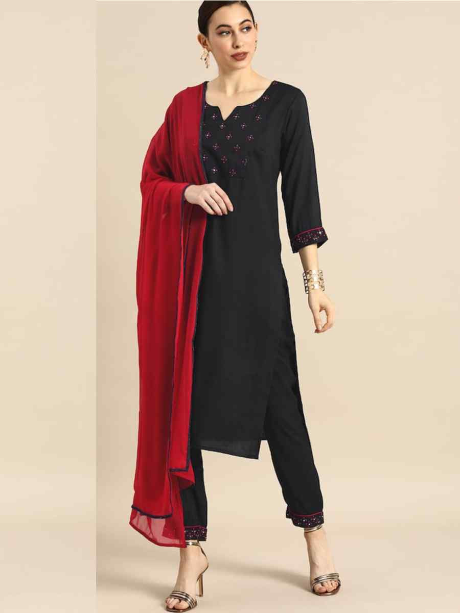 Black Rayon Slub Embroidered Festival Casual Ready Pant Salwar Kameez