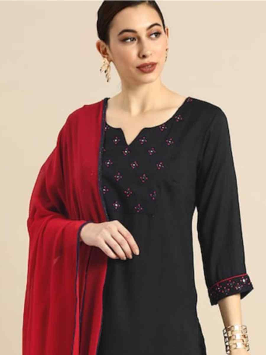 Black Rayon Slub Embroidered Festival Casual Ready Pant Salwar Kameez