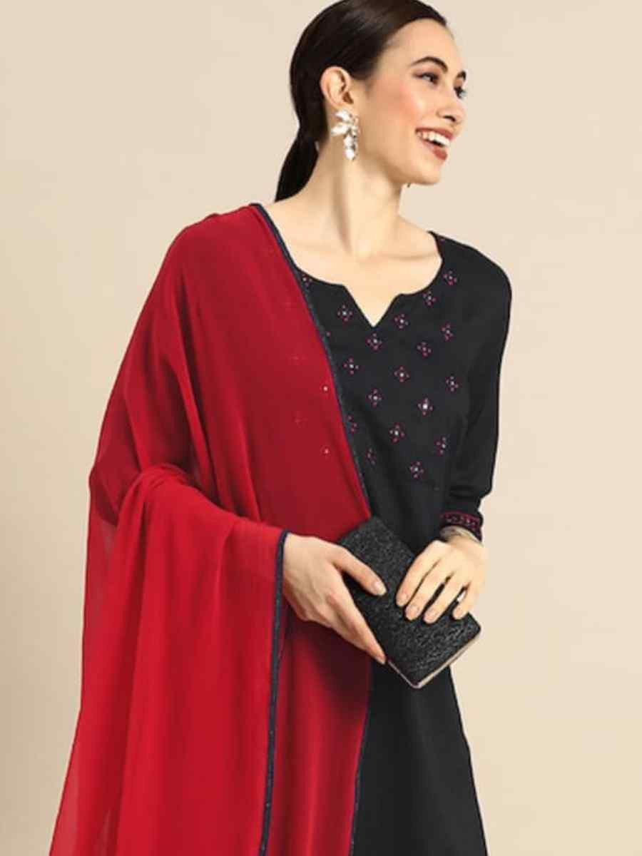 Black Rayon Slub Embroidered Festival Casual Ready Pant Salwar Kameez