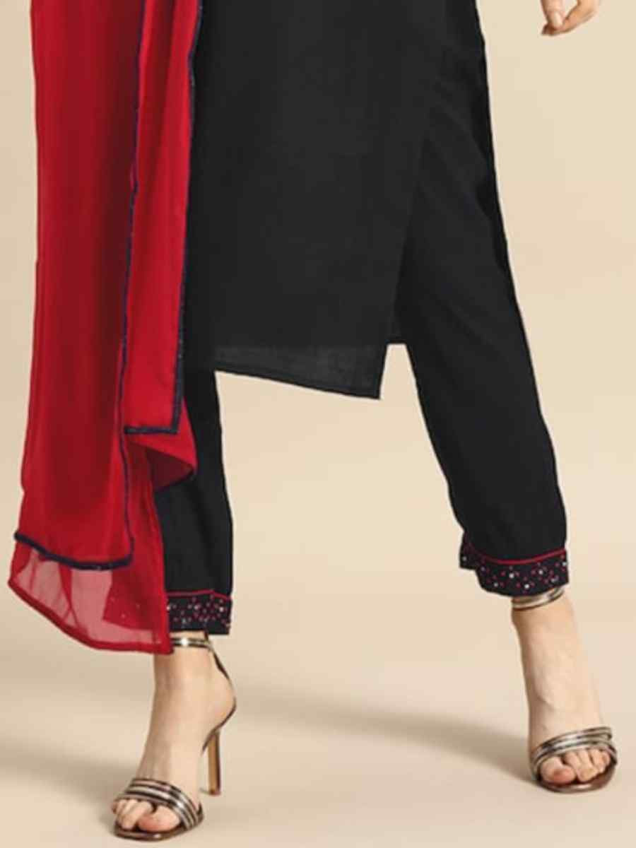 Black Rayon Slub Embroidered Festival Casual Ready Pant Salwar Kameez