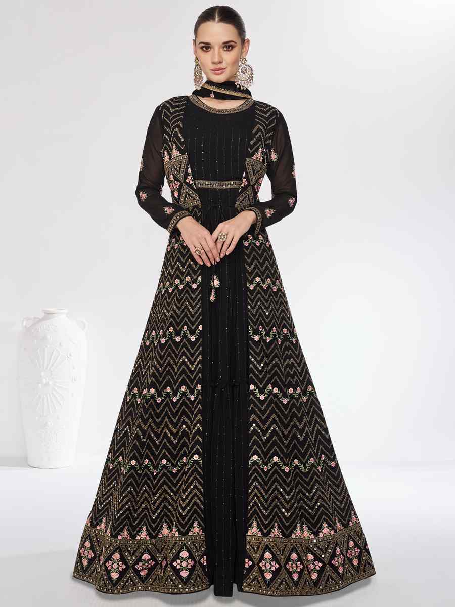 Black Real Chinon Embroidered Festival Wedding Anarkali Salwar Kameez