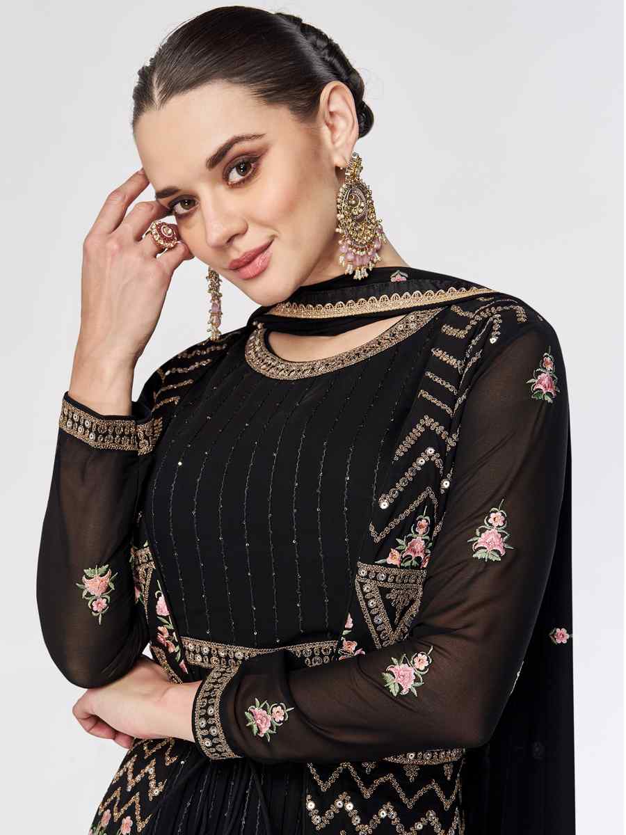 Black Real Chinon Embroidered Festival Wedding Anarkali Salwar Kameez