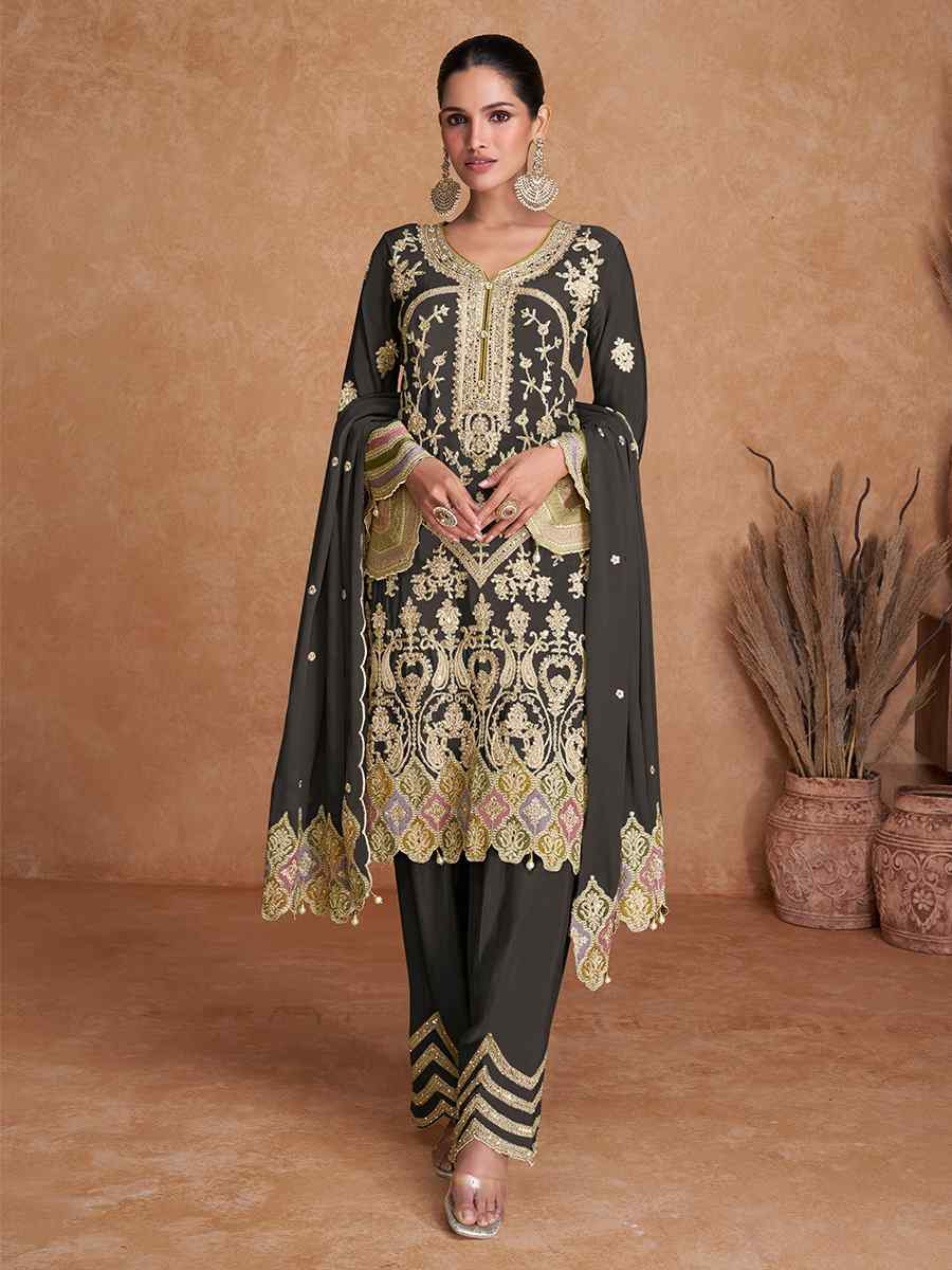 Black Real Chinon Embroidered Festival Wedding Pant Salwar Kameez