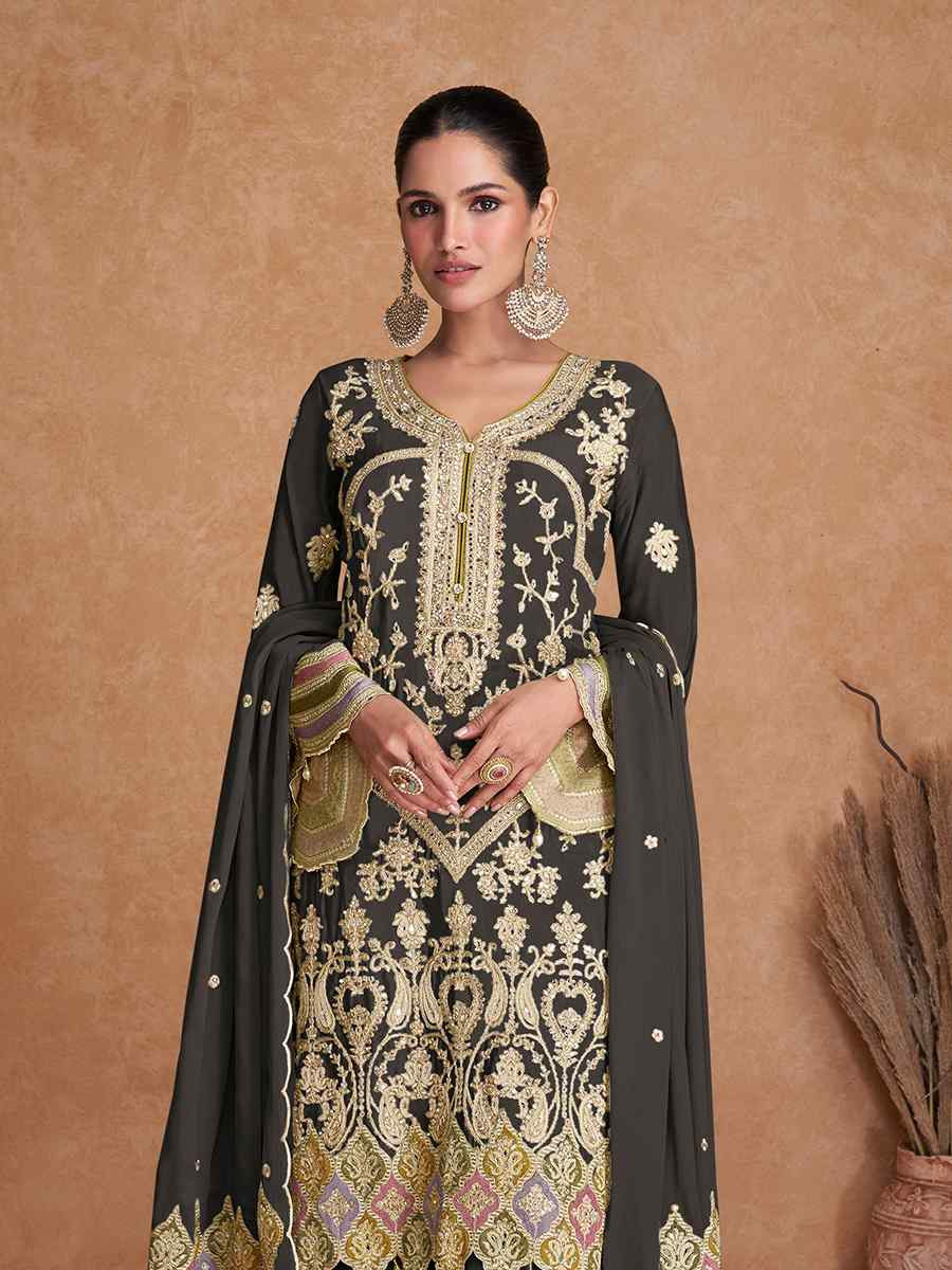 Black Real Chinon Embroidered Festival Wedding Pant Salwar Kameez