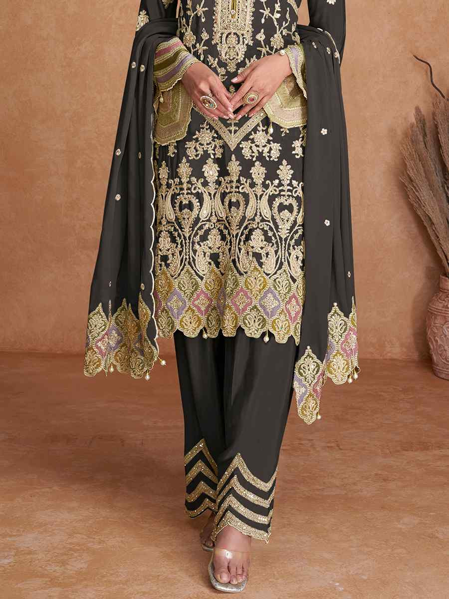 Black Real Chinon Embroidered Festival Wedding Pant Salwar Kameez