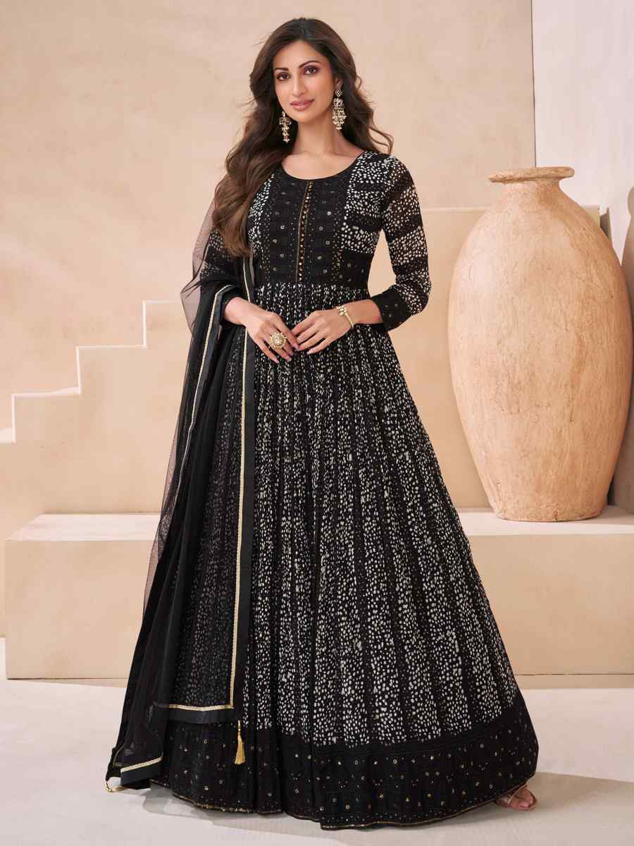 Black Real Georgette Embroidered Festival Casual Gown