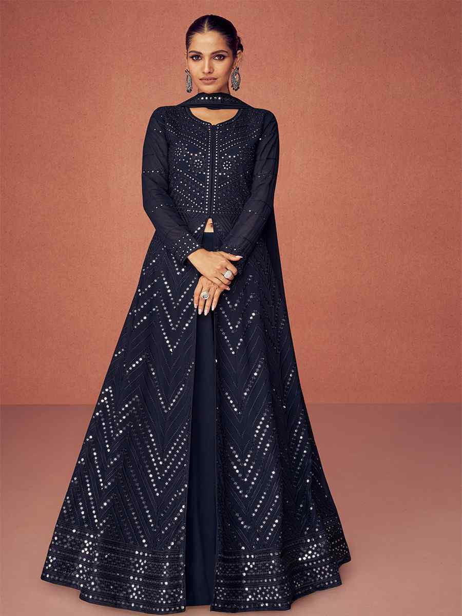 Black Real Georgette Embroidered Festival Wedding Anarkali Salwar Kameez