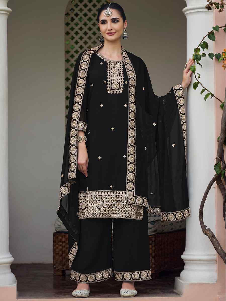 Black Real Georgette Embroidered Festival Wedding Palazzo Pant Salwar Kameez