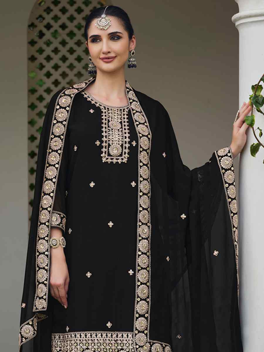 Black Real Georgette Embroidered Festival Wedding Palazzo Pant Salwar Kameez