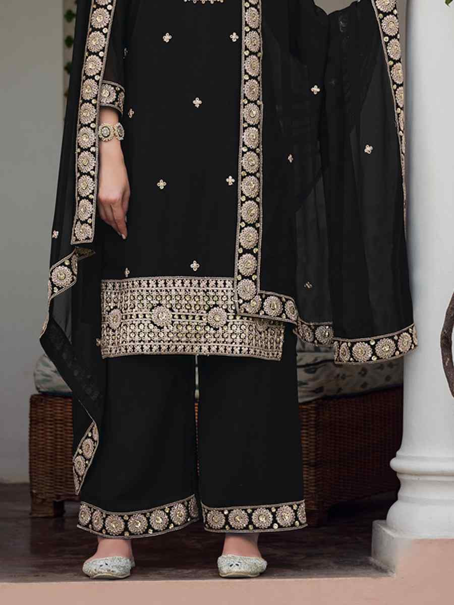 Black Real Georgette Embroidered Festival Wedding Palazzo Pant Salwar Kameez