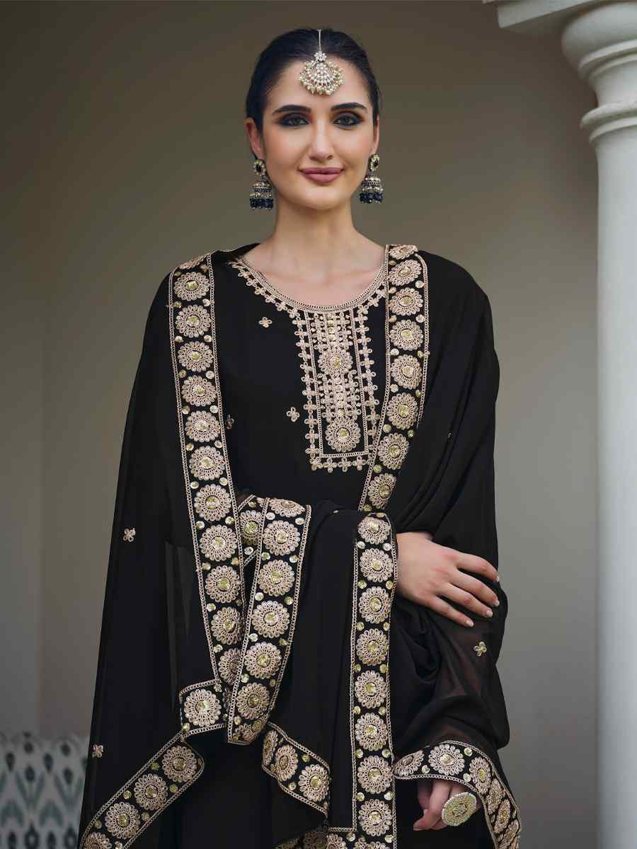 Black Real Georgette Embroidered Festival Wedding Palazzo Pant Salwar Kameez