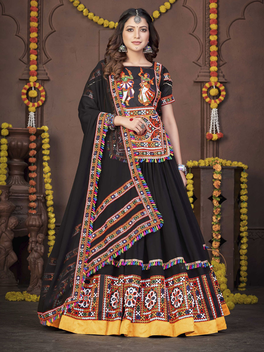 Black Reyon Printed Festival Mehendi Circular Lehenga Choli