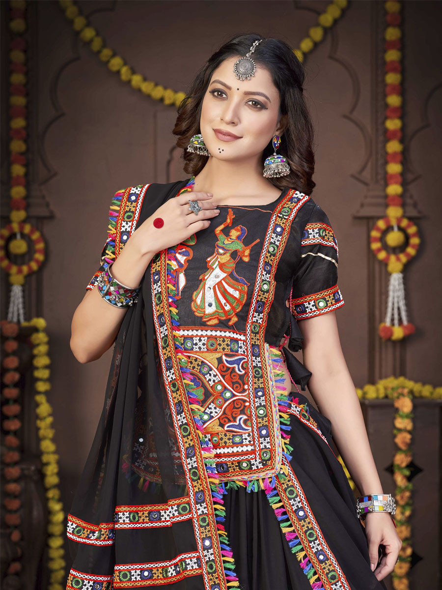 Black Reyon Printed Festival Mehendi Circular Lehenga Choli