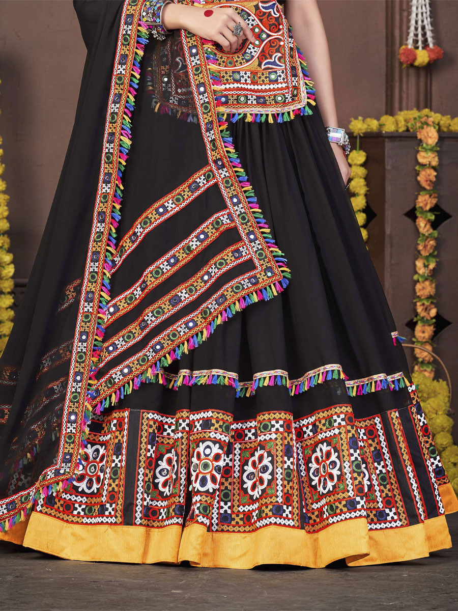 Black Reyon Printed Festival Mehendi Circular Lehenga Choli