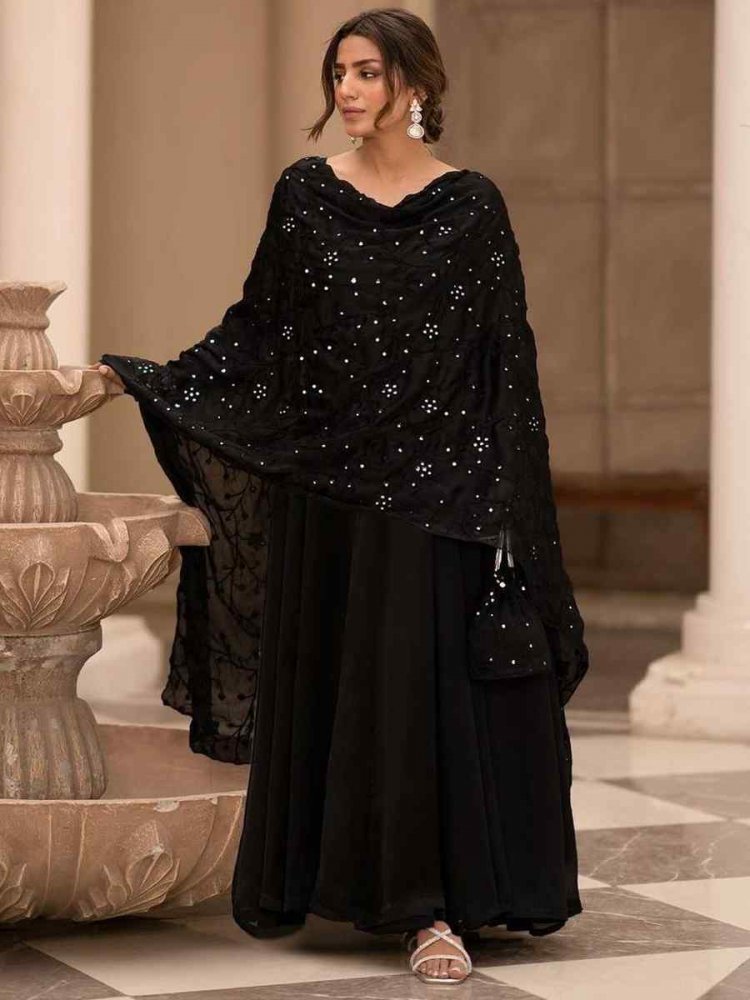 Black Roman Cotton Embroidered Festival Party Ready Anarkali Salwar Kameez