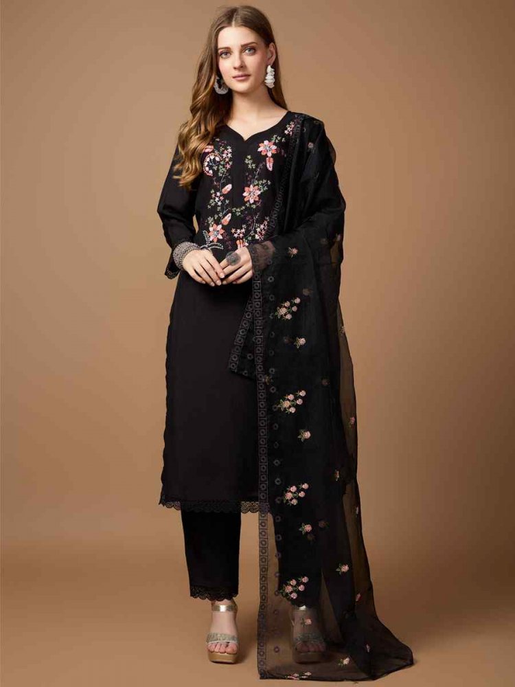 Black Roman Silk Embroidered Festival Casual Ready Pant Salwar Kameez