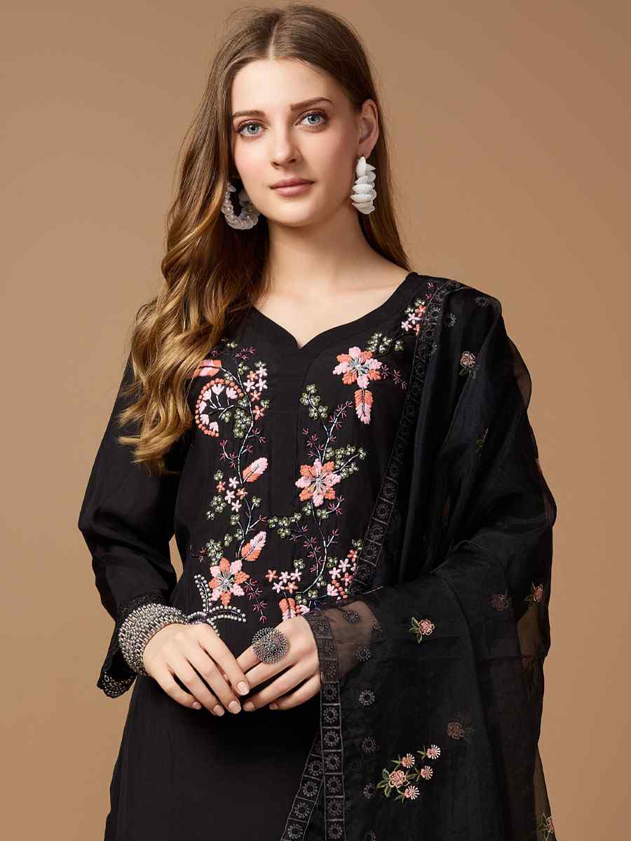 Black Roman Silk Embroidered Festival Casual Ready Pant Salwar Kameez