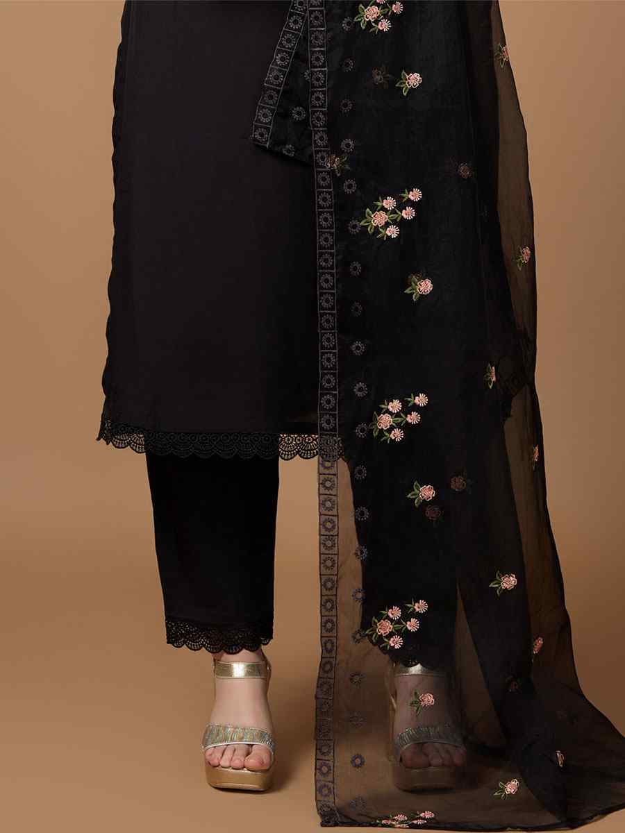 Black Roman Silk Embroidered Festival Casual Ready Pant Salwar Kameez