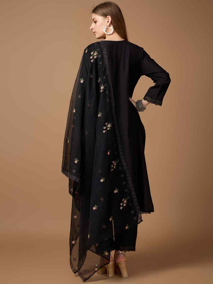 Black Roman Silk Embroidered Festival Casual Ready Pant Salwar Kameez