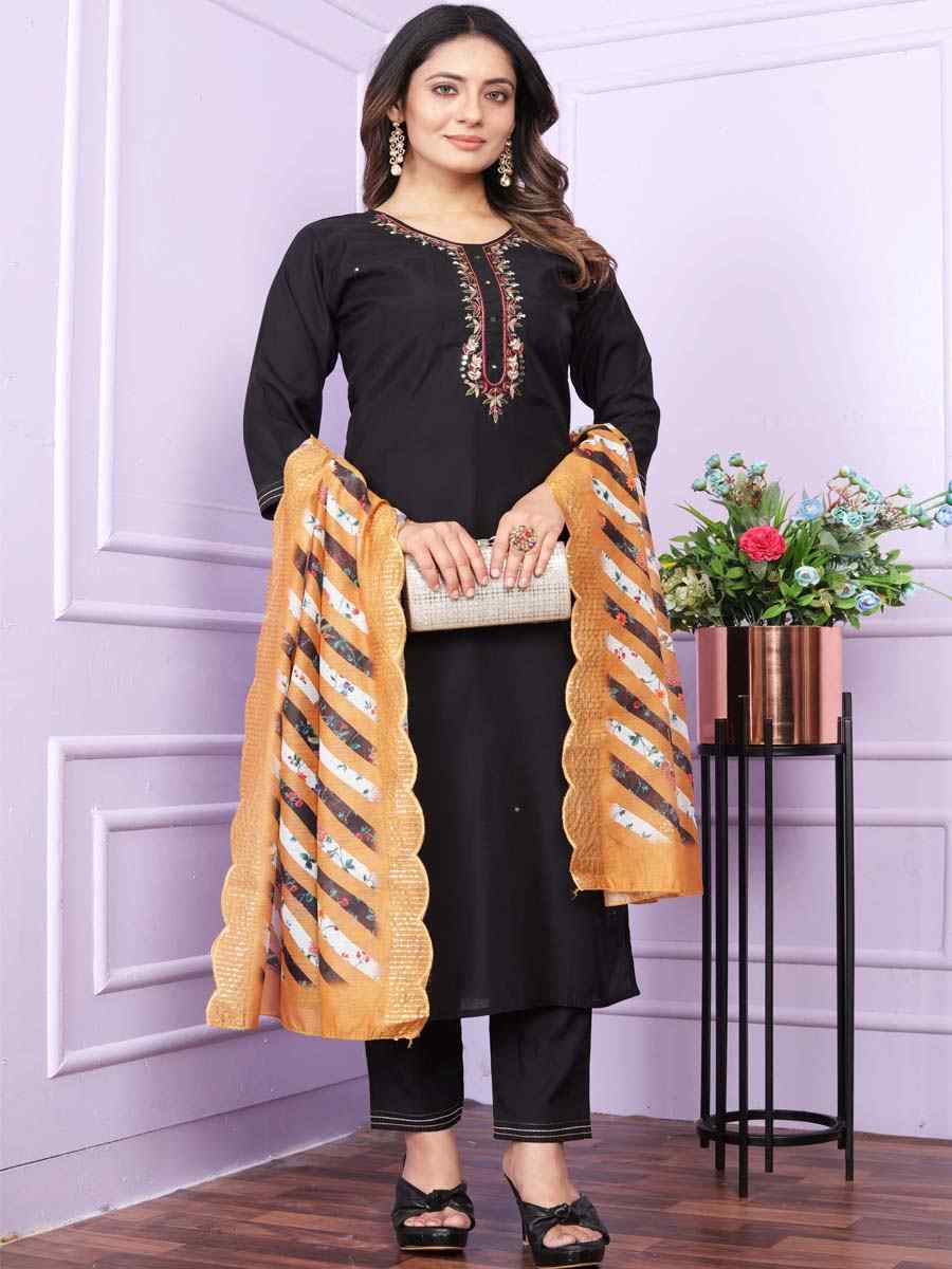 Black Roman Silk Embroidered Festival Mehendi Ready Pant Salwar Kameez