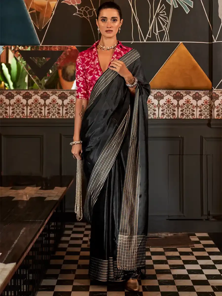 Black Satin Handwoven Festival Wedding Heavy Border Saree