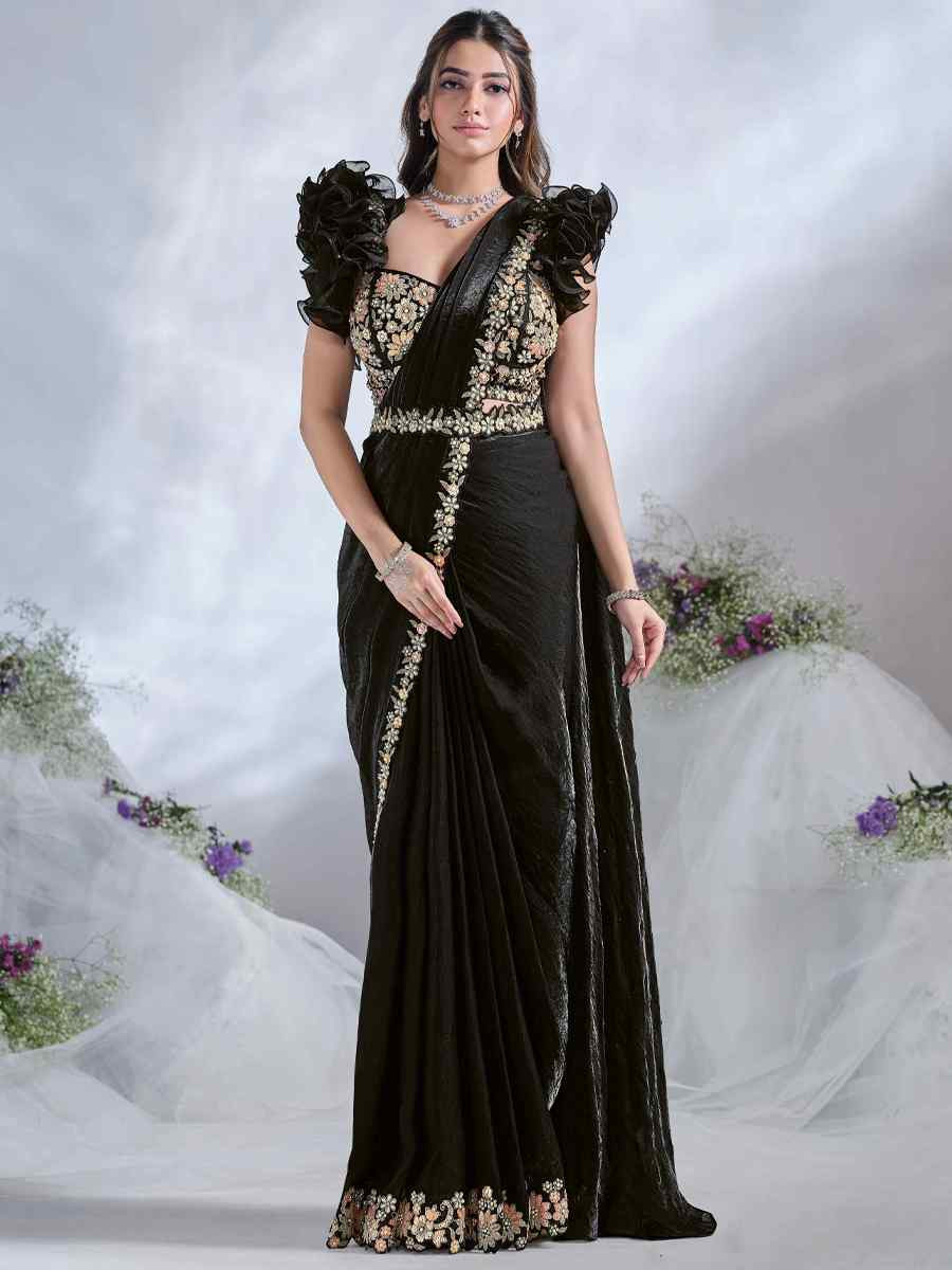 Black Satin Silk Embroidered Reception Wedding Heavy Border Saree