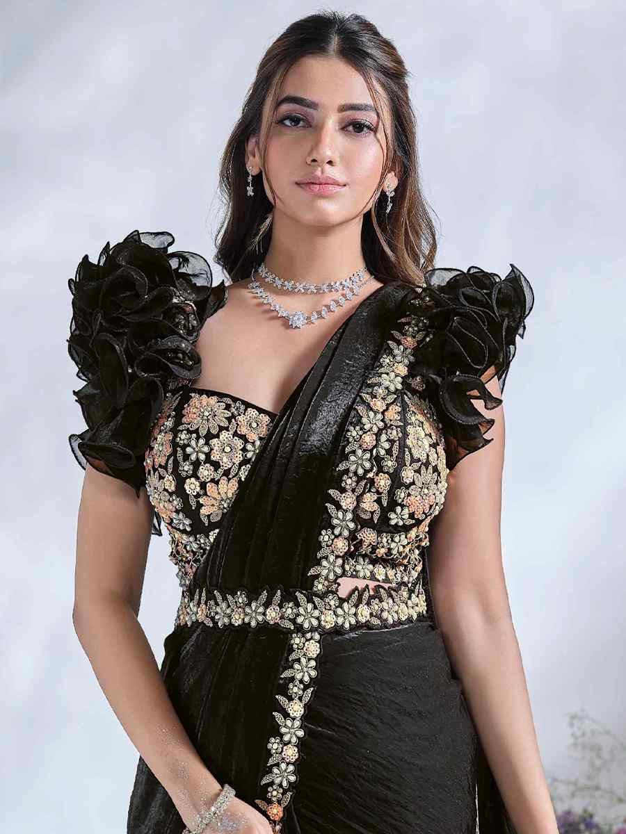 Black Satin Silk Embroidered Reception Wedding Heavy Border Saree