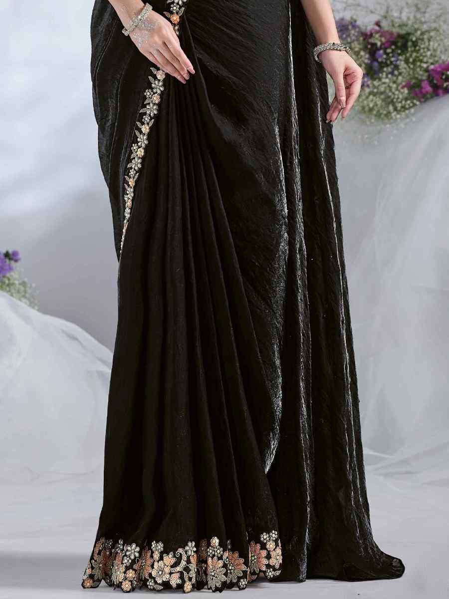 Black Satin Silk Embroidered Reception Wedding Heavy Border Saree