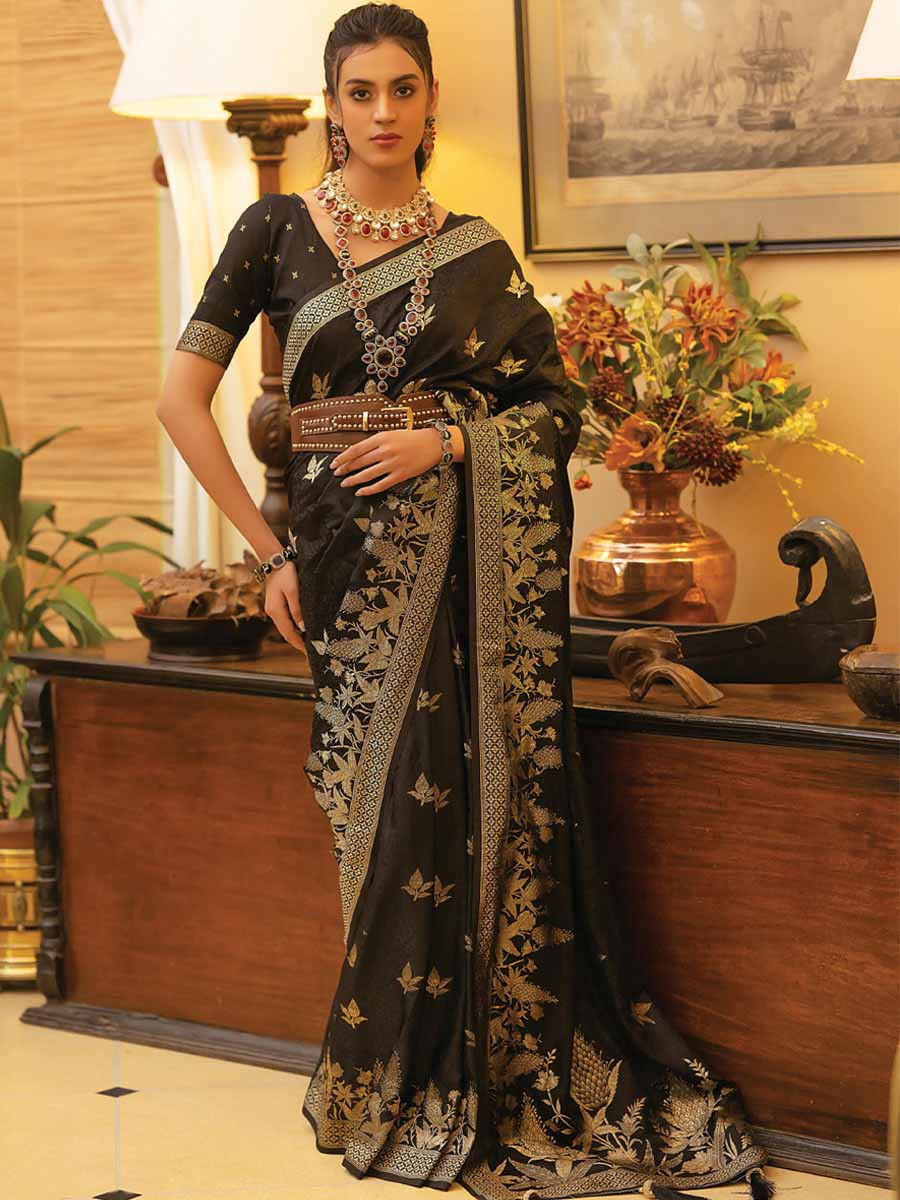 Black Satin Silk Handwoven Festival Wedding Heavy Border Saree