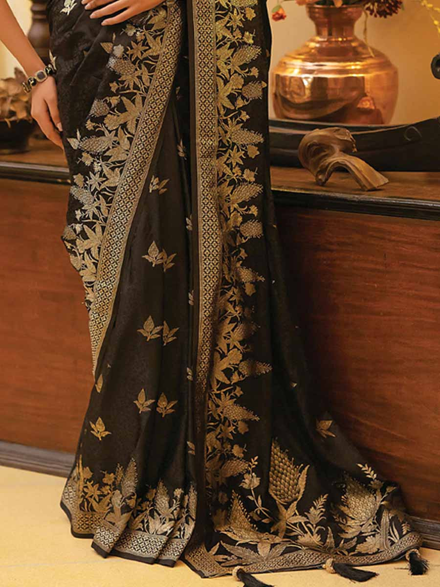 Black Satin Silk Handwoven Festival Wedding Heavy Border Saree