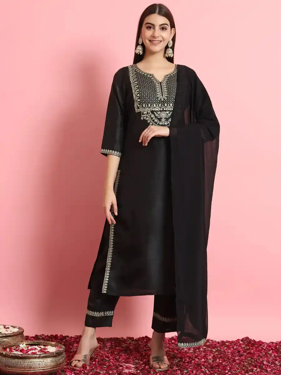 Black Silk Blend Printed Festival Casual Ready Pant Salwar Kameez