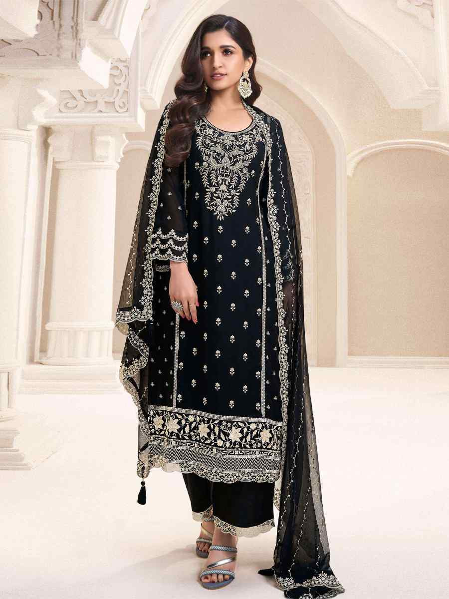 Black Silk Chiffon Embroidered Festival Wedding Pant Salwar Kameez