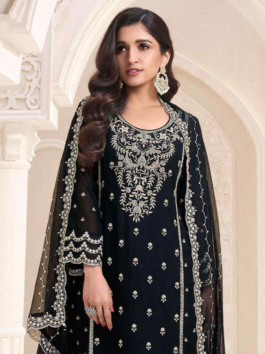 Black Silk Chiffon Embroidered Festival Wedding Pant Salwar Kameez