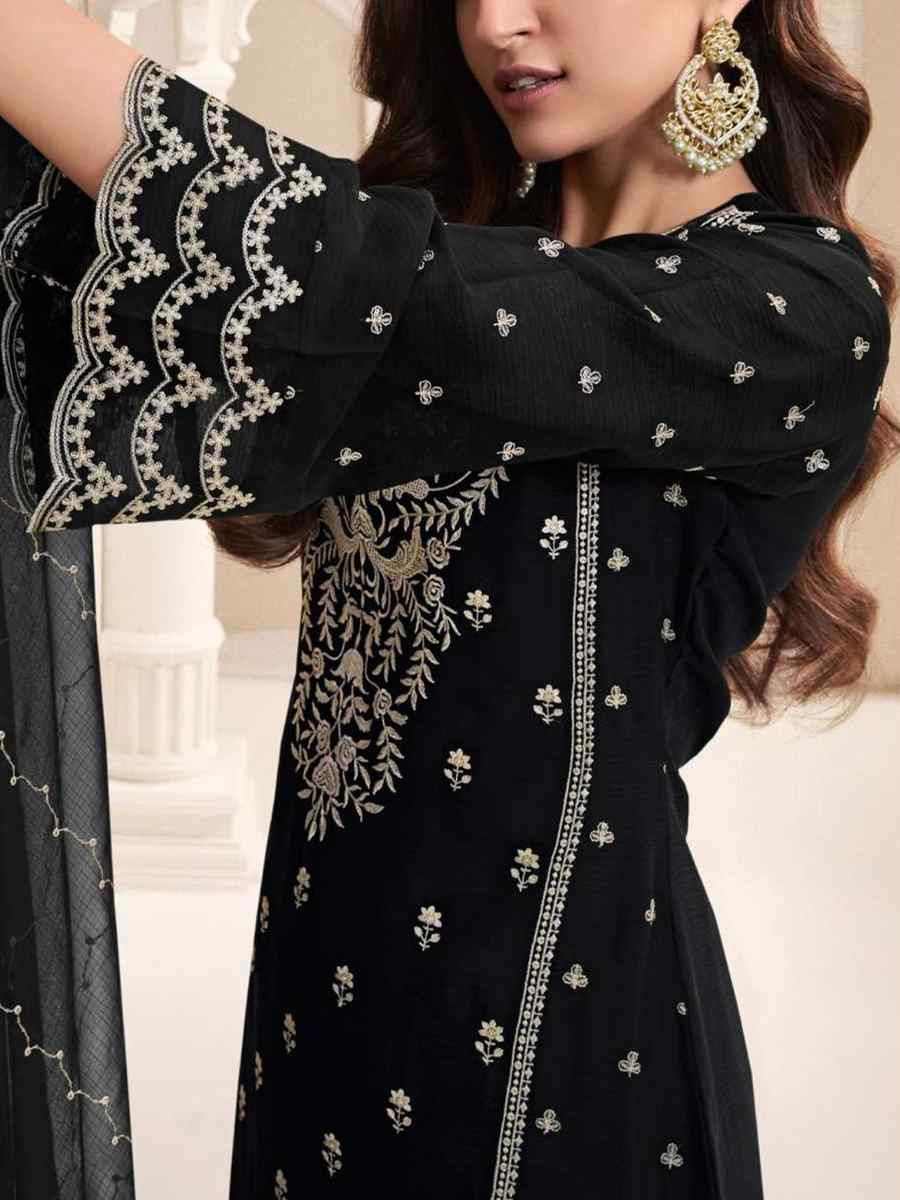 Black Silk Chiffon Embroidered Festival Wedding Pant Salwar Kameez