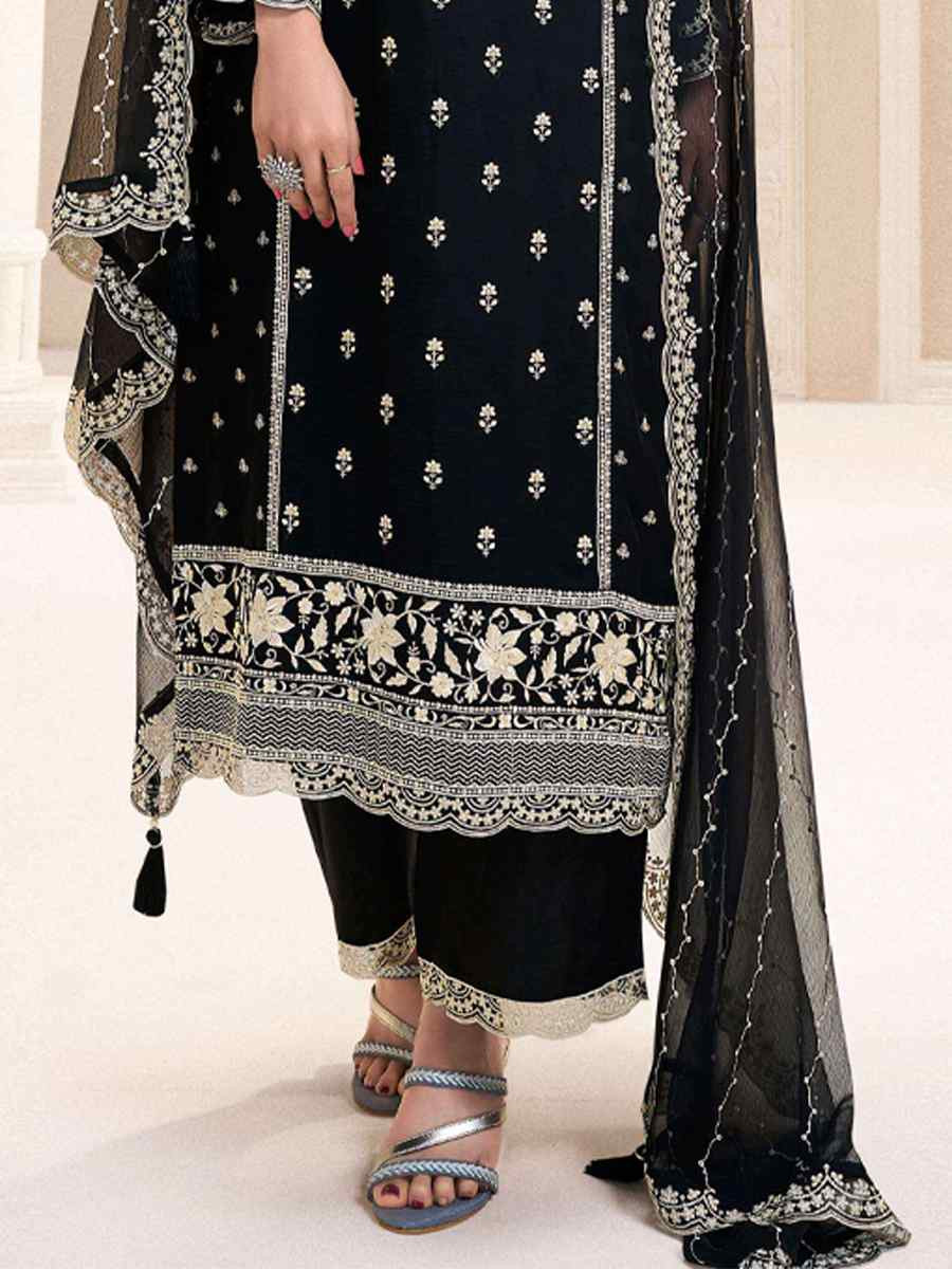 Black Silk Chiffon Embroidered Festival Wedding Pant Salwar Kameez