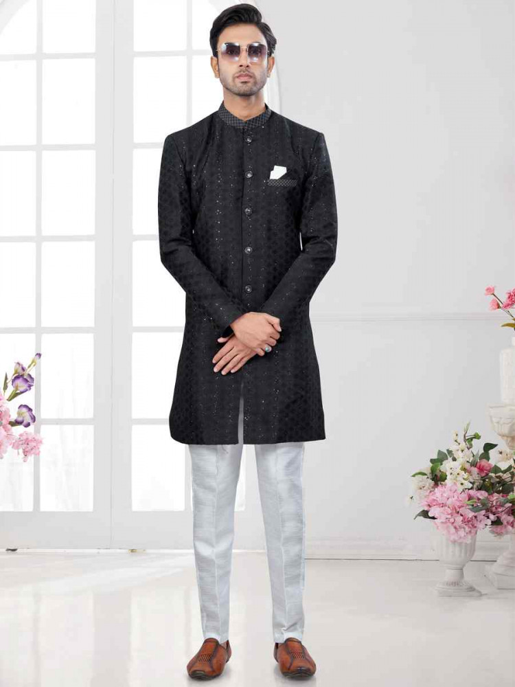 Black Silk Dupion Embroidered Festival Wedding Sherwani