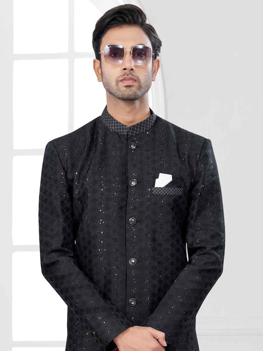 Black Silk Dupion Embroidered Festival Wedding Sherwani