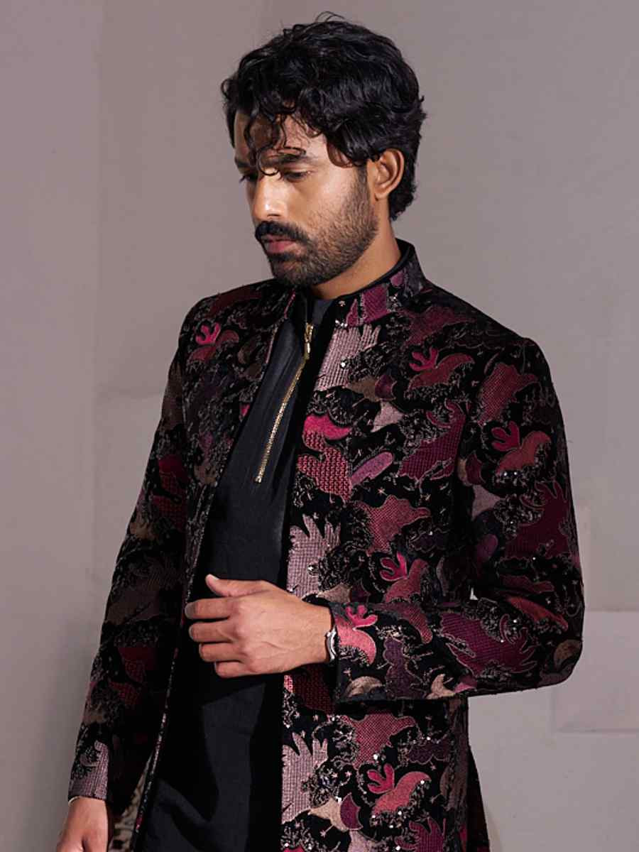 Black Silk Embroidered Party Wedding Kurta